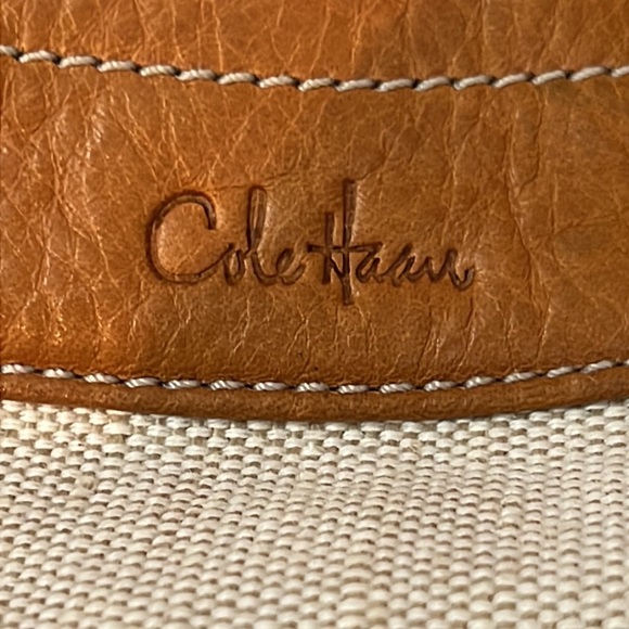 Cole Haan Vintage Stylish Tan Leather Cream Canvas Women's Bag Satchel Weekender - Picture 4 of 7